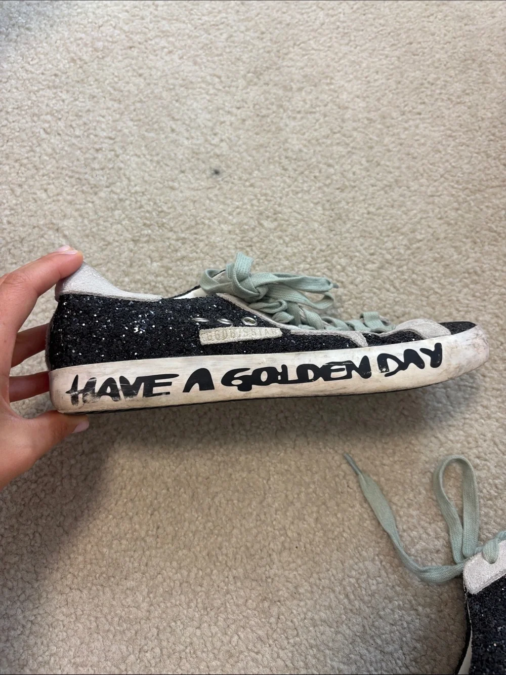 Golden Goose Black Glitter & White Suede Sneakers with Mint Laces